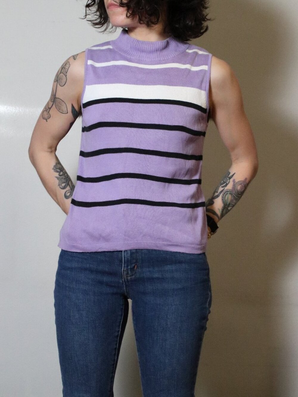 CLIO Purple Striped Silk Mockneck Sleeveless Top S